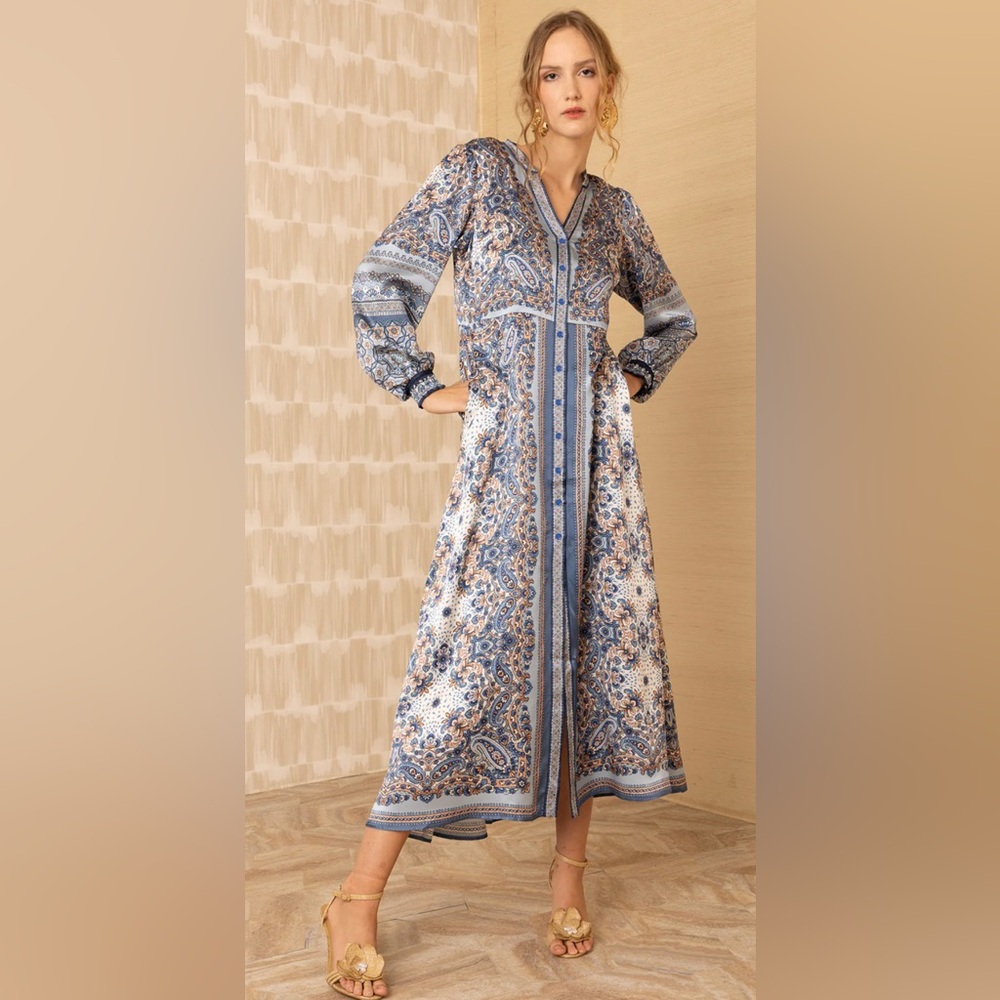 Hale Bob Elegant Blue and Beige Silk Paisley Maxi Dress. M. NWT